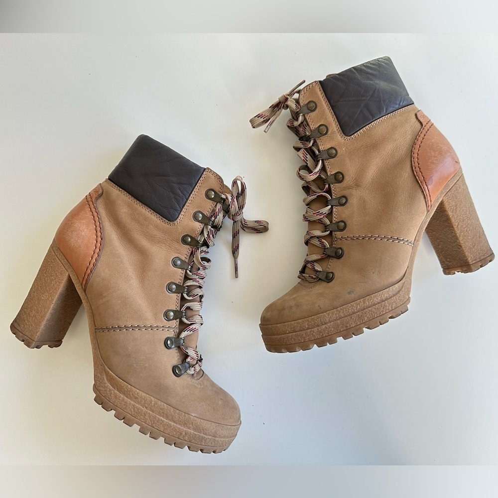See by Chloe Eileen Tan Lace Up Block Heel Logger Style Boots Size 39 - Picture 5 of 11